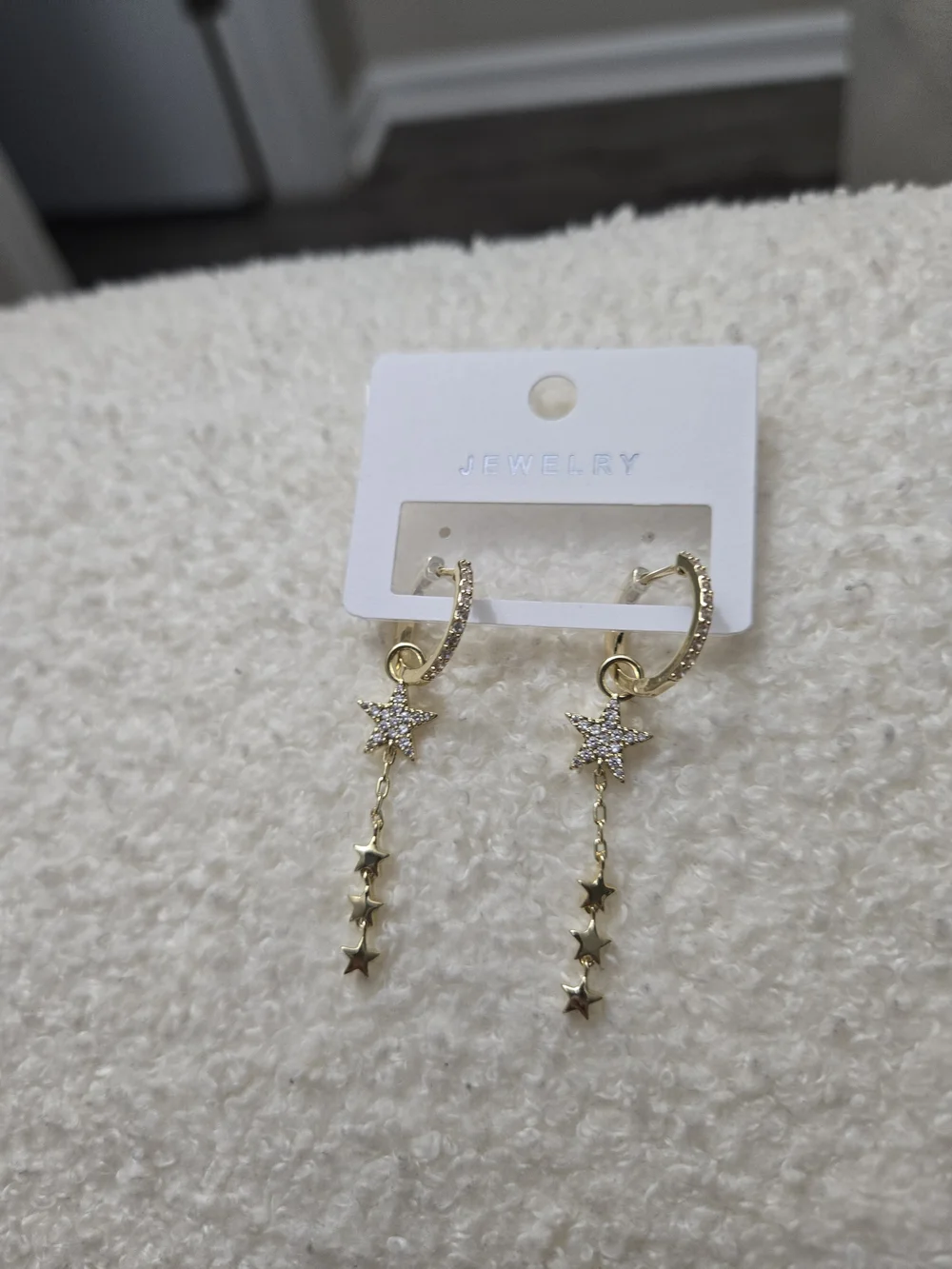 Gold Star Drop Hoop Earrings with Pave CZ Stars